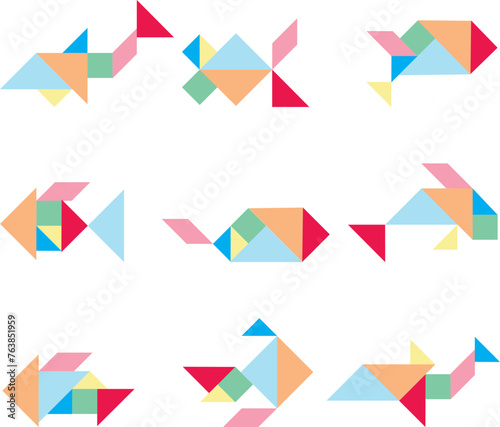 Free Download Tangram puzzle. set of tangram animal bird and fish for kids  vector set - GFXLoad