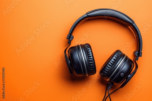 Above view of headphones on orange background