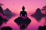 A serene Buddha meditating amidst nature’s embrace; a tranquil sunset reflecting on calm waters offers a moment of peace and introspection