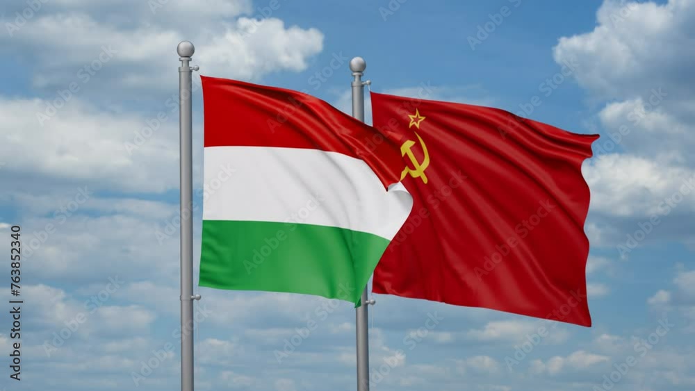 Soviet Union or USSR and Hungary two flags waving together, looped video, two country cooperation concept Soviet Union or USSR and Hungary two flags waving together, looped video, two country cooperation concept
