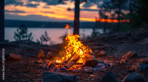 Enchanting Sunset Campfire: A Serene Evening by the Lakeside Under a Colorful Sky