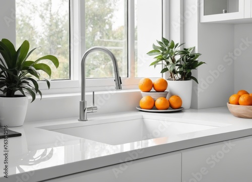 Modern white minimalistic kitchen interior details. Stylish white quartz countertop with kitchen sink with water tap,