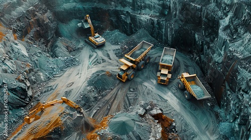A modern mining operation with heavy machinery and mining trucks photo