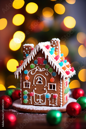 Christmas card template. Happy New year backdrop. Beautiful gingerbread house background.