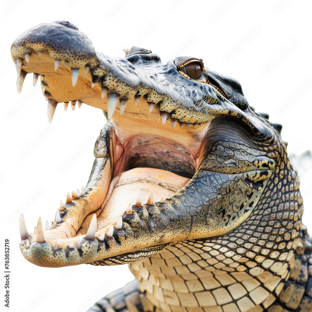 Obraz premium Crocodile with open jaws isolated on white background, showcasing its dangerous wildlife nature