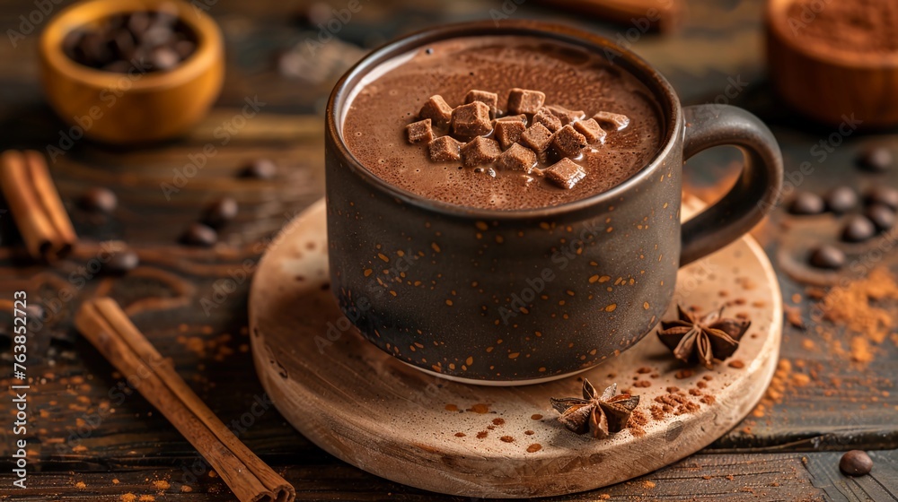 Mexican Champurrado. Corn Chocolate Hot Drink with Cinnamon. Traditional Coffee in Ceramic Mug, Festive Dessert Beverage. Dia de muertos, Cinco de Mayo. AI Generated Mexican Champurrado. Corn Chocolate Hot Drink with Cinnamon. Traditional Coffee in Ceramic Mug, Festive Dessert Beverage. Dia de muertos, Cinco de Mayo. AI Generated