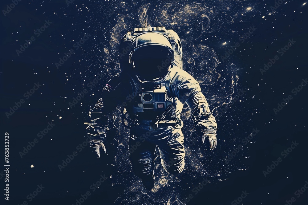 Astronaut in Spacesuit Floating Freely In Outer Space, Vintage-Style Digital Illustration, Indigo Blue Tones, Retro Sci-Fi Aesthetic, Human Space Flight, AI Generated - obrazy, fototapety, plakaty 