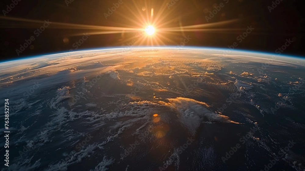 Sunrise Over Earth From Space, Glorious Dawn Light Gracing Planet's Curvature. Earth Day, Human Space Flight, Space Exploration. AI Generated