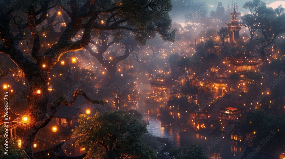 A mystical treehouse village enveloped in fog at dusk, with warm lights twinkling amidst the foliage. The scene captures the serene beauty of a hidden sanctuary blending with nature.