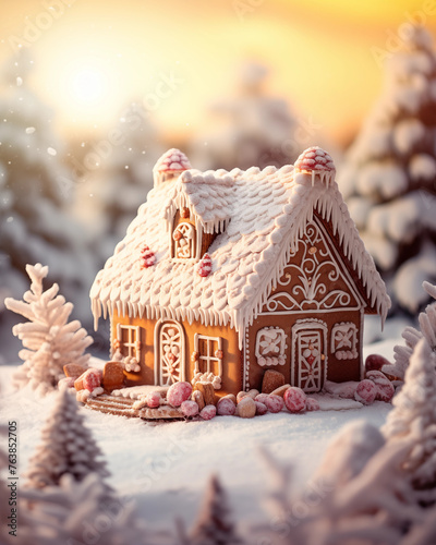 Christmas card template. Happy New year backdrop. Beautiful gingerbread house background.