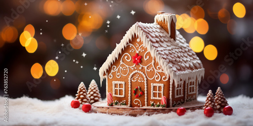 Christmas card template. Happy New year backdrop. Beautiful gingerbread house background. © Aleksandr