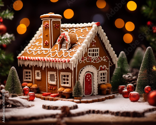 Christmas card template. Happy New year backdrop. Beautiful gingerbread house background.