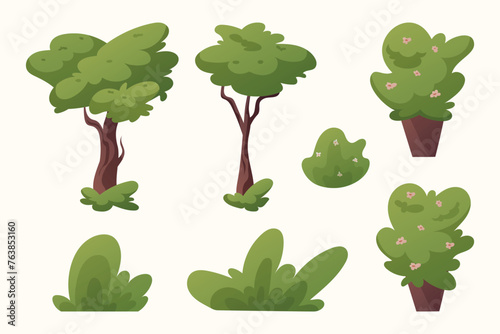 Collection of isolated cartoon vector trees and bushes. Summer green plants. © Ekaterina