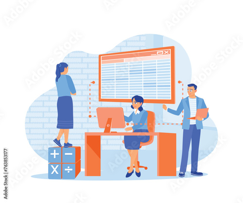 The accountant fills in the balance sheet on the computer. Create annual financial reports for presentations. Accounting concepts. Flat vector illustration.