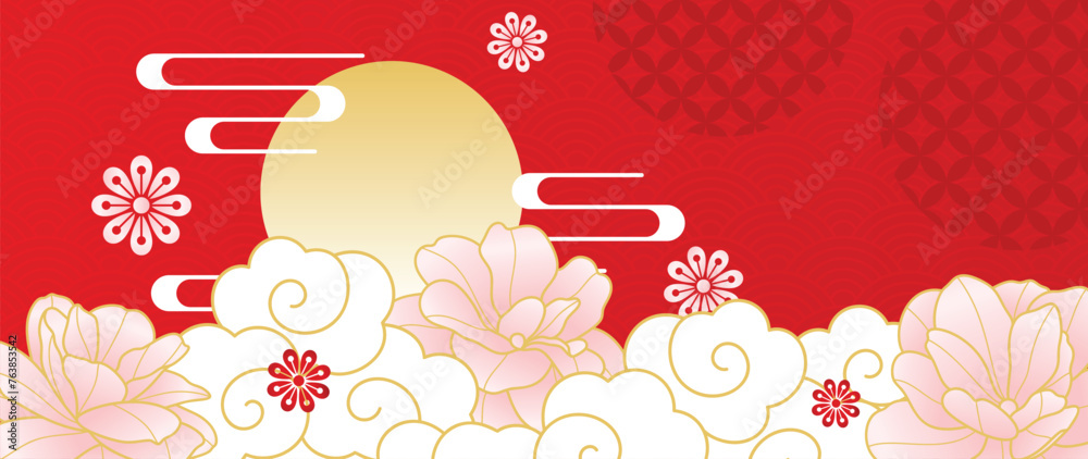 Naklejka premium Luxury gold oriental style background vector. Chinese and Japanese wallpaper pattern design of elegant peony flower and moon with gold line texture. Design illustration for decoration, wall decor.