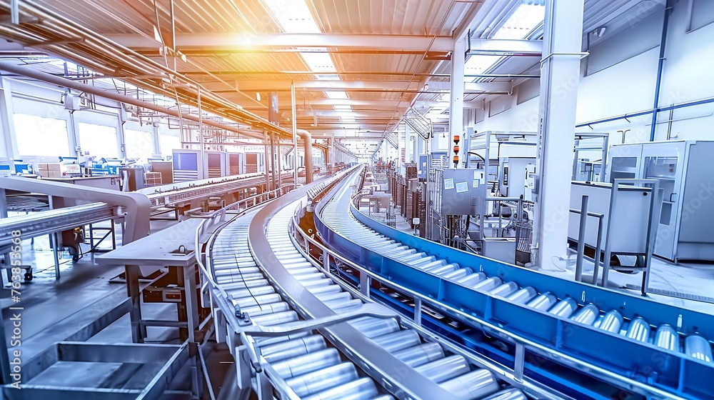 Fototapeta premium A modern food packaging plant with conveyor belts and automated packaging machines