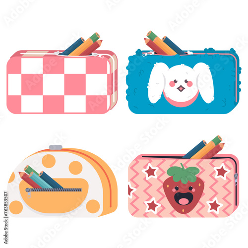 Pencil pouch cases vector cartoon set isolated on a white background.