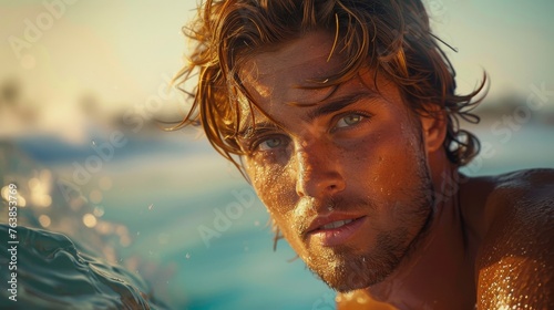 an attractive surfer swimming in crystal clear waters, with sunlight accentuating his focused gaze. © victoriazarubina