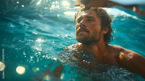 under water shot of an attractive surfer swimming in crystal clear waters, with sunlight accentuating his focused gaze.