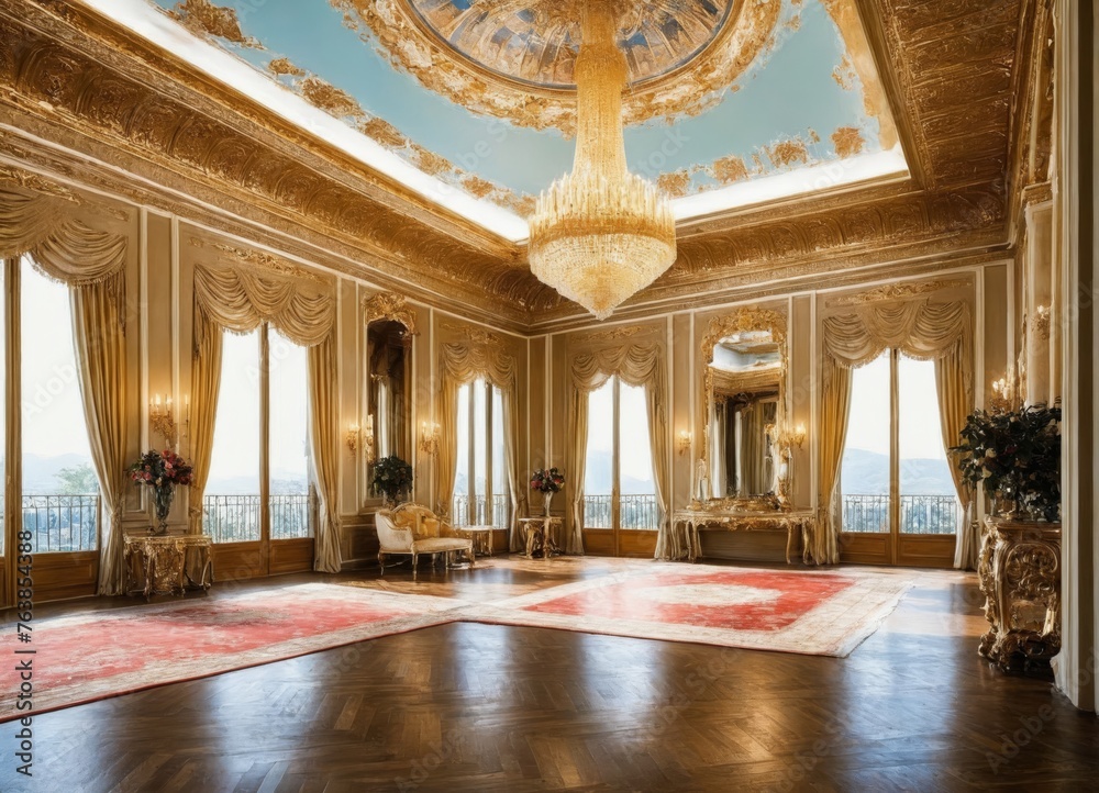 a large room with a chandelier and a large rug on the floor 