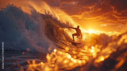 A surfer executing a complex trick at the peak of a majestic wave, with the sunset casting a golden glow.