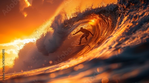 A surfer executing a complex trick at the peak of a majestic wave, with the sunset casting a golden glow.