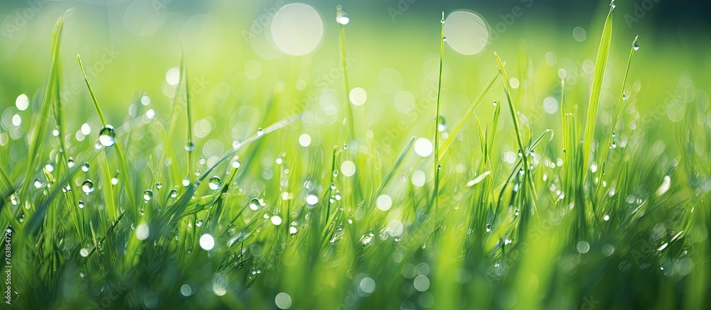 Close up of lush green grass covered with water droplets