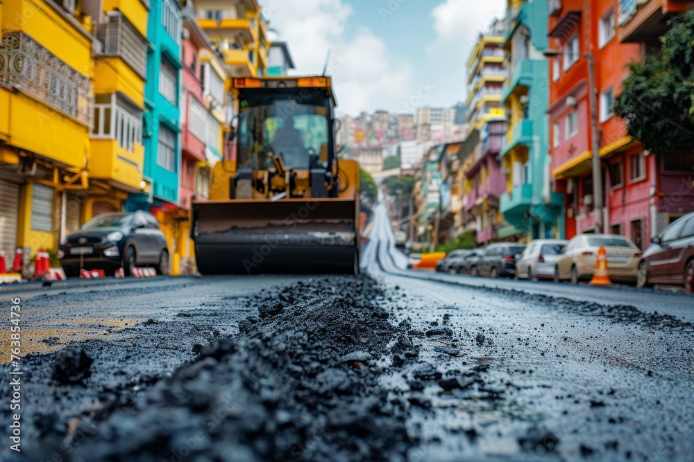 Urban renewal with construction equipment on a colorful street Urban renewal with construction equipment on a colorful street