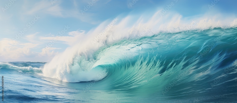 A wave breaking in the ocean under a clear sky A wave breaking in the ocean under a clear sky