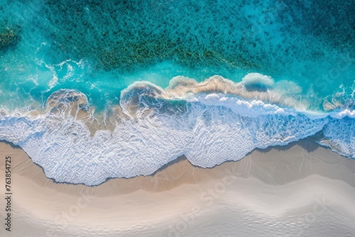 Ocean wave, top view banner. Spectacular drone photo of beach for refreshing and calmness concept. Flat lay poster. Generative AI