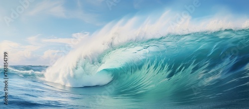 A wave breaking in the ocean under a clear sky © Ilgun