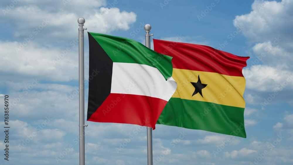 Ghana and Kuwait two flags waving together, looped video, two country relations concept Ghana and Kuwait two flags waving together, looped video, two country relations concept