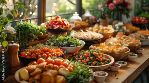 Event Catering buffet table with a delicious food,Waitress pouring hot drink during coffee break, closeup