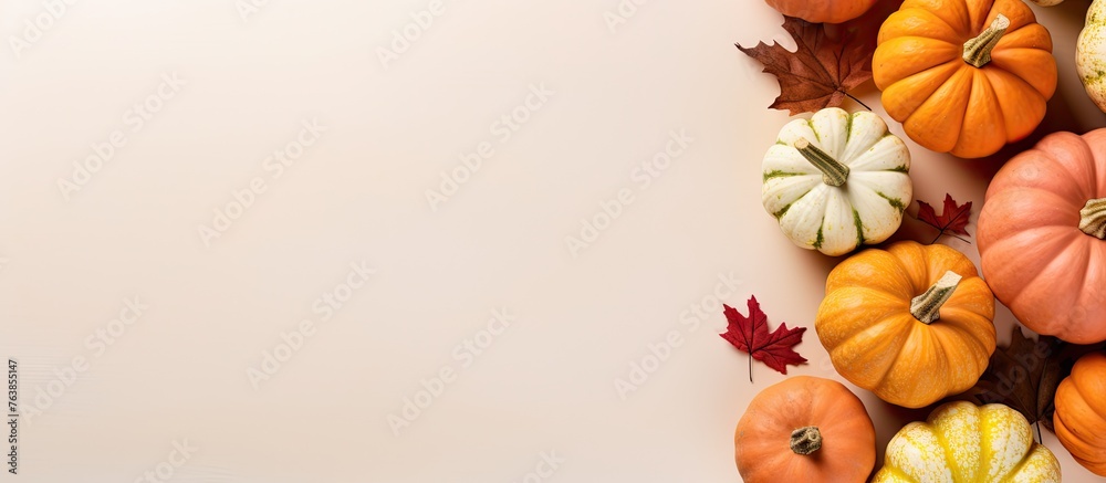A group of pumpkins and autumn leaves on a white surface - obrazy, fototapety, plakaty 