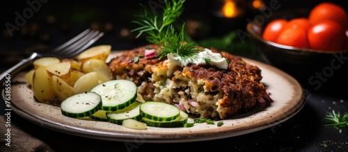 Close up of lentil cutlet with mushrooms, cucumber salad, and potatoes on a plate