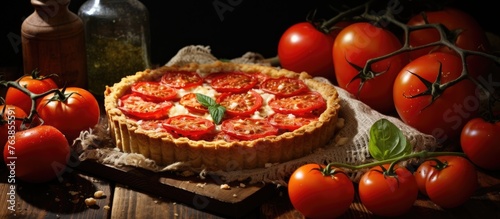 Tomato pie topped with melted cheese beside fresh tomatoes