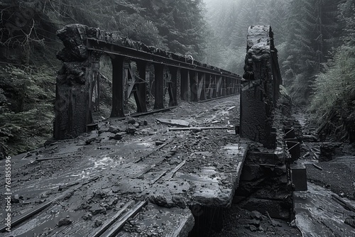 An abandoned railroad bridge overtaken by nature in a misty forest setting photo