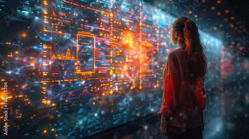 A woman observes a vast array of colorful digital displays filled with data and diagrams, symbolizing the age of information