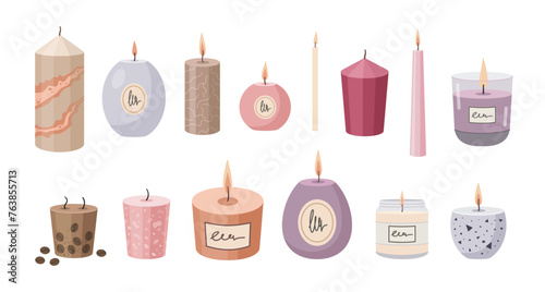 Aromatherapy candles set. Various candles isolated on white background. Hand drawn Vector illustration. Different candles collection. Hand crafted candles. Flat design