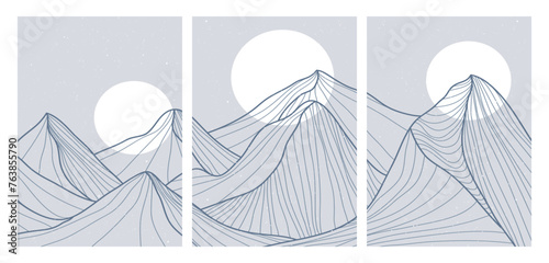 Set of Mountain line art landscape illustration. Creative minimalist modern line art pattern. Abstract contemporary aesthetic backgrounds landscapes © gina