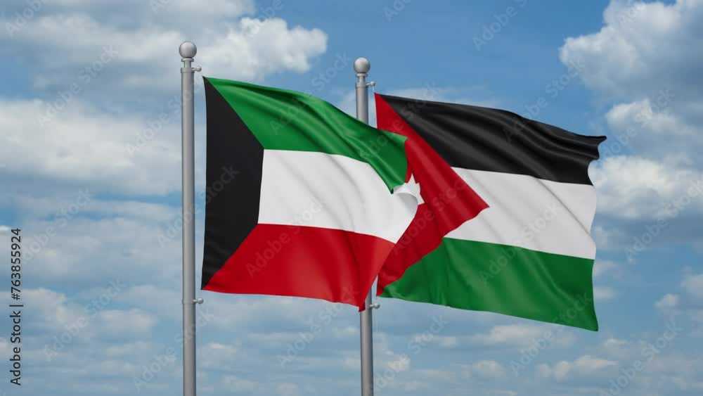Jordan and Kuwait two flags waving together, looped video, two country relations concept Jordan and Kuwait two flags waving together, looped video, two country relations concept