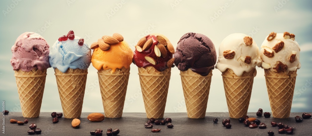 Giraffes with various ice cream flavors in cones