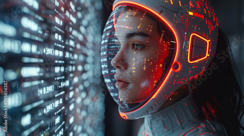 An image showcasing a cybernetic being with digital codes reflected onto its surface