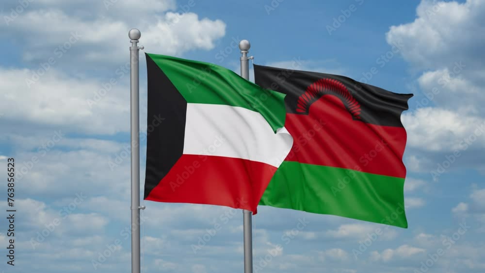 Malawi and Kuwait two flags waving together, looped video, two country relations concept Malawi and Kuwait two flags waving together, looped video, two country relations concept
