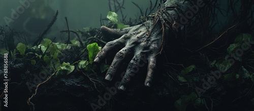 A hand emerging from a tree in a spooky scene
