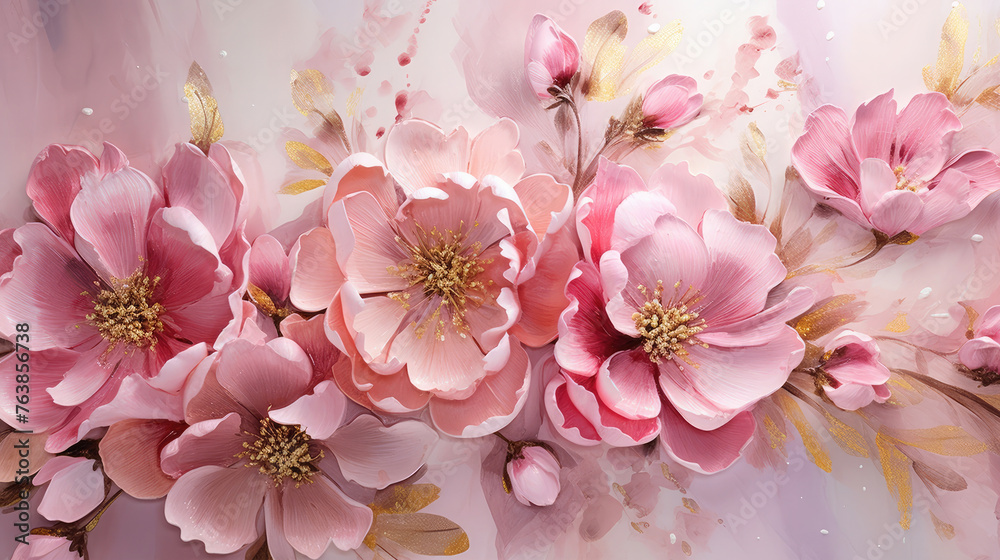 Watercolor pink gold flower abstract mural, peonies, tulips, rose, large delicate voluminous flowers, background, wallpaper, wall art painting, wallpaper, print, for printing, poster, generative AI