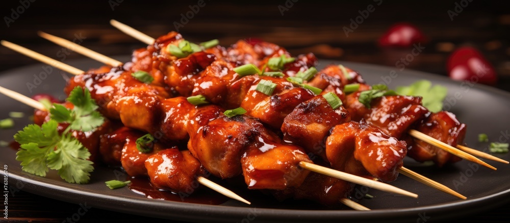 A plate of meat skewers with sauce and garnish