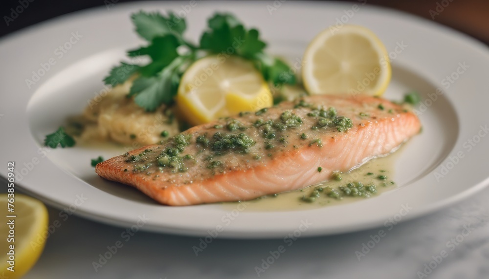 view of salmon sole meuniere with lemon. fillet of red fish. steak trout fried with butter, lemon view of salmon sole meuniere with lemon. fillet of red fish. steak trout fried with butter, lemon