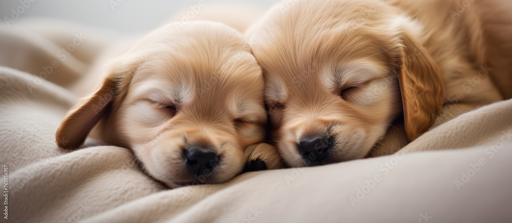 Two puppies napping on a cozy blanket Two puppies napping on a cozy blanket