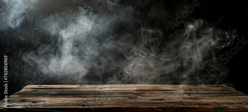 Empty wooden table on black background. shrouded in smoke. Empty place. generative ai photo